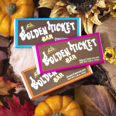 3 Golden Ticket bars of different flavors set on fall decor of leaves pumpkin and dried flowers