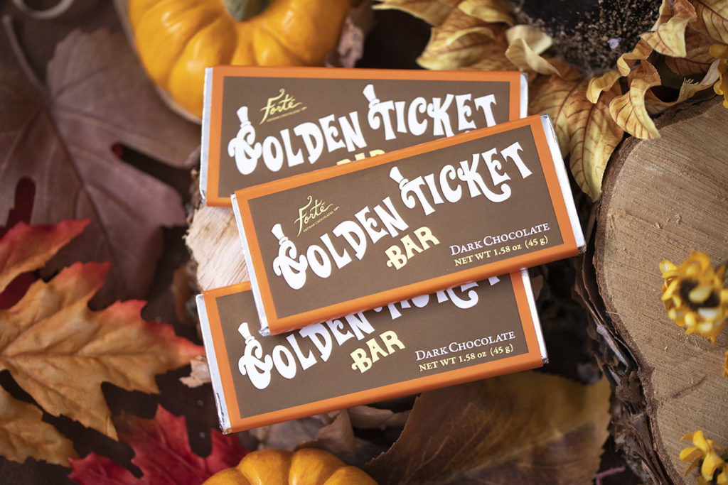 3 dark chocolate golden ticket bars with orange borders atop dried fall leaves