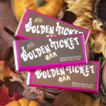 3 Milk Chocolate Golden Ticket Bars with pink boarder atop fall decor
