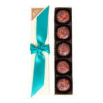 5 piece box of classic dark chocolate truffles open with turquoise ribbon on top