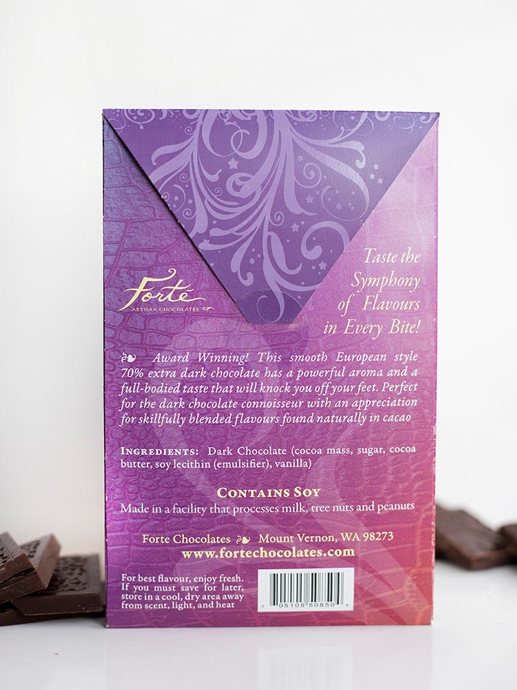 Back of 70% Dark Chocolate bar packaging