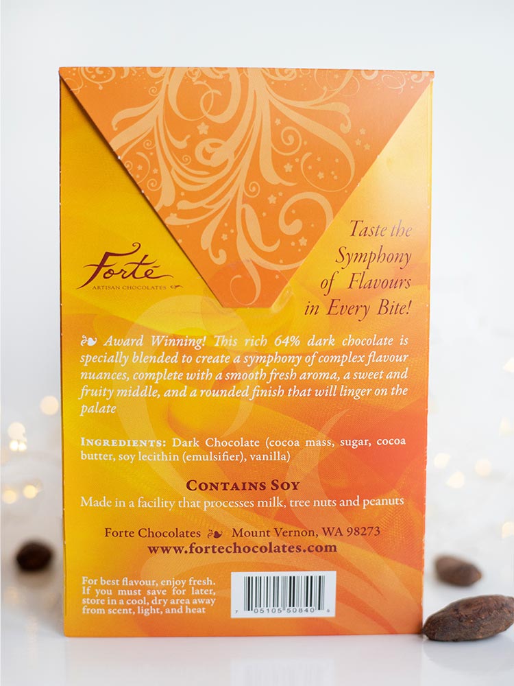 Back of classic dark bar packaging with cacao beans