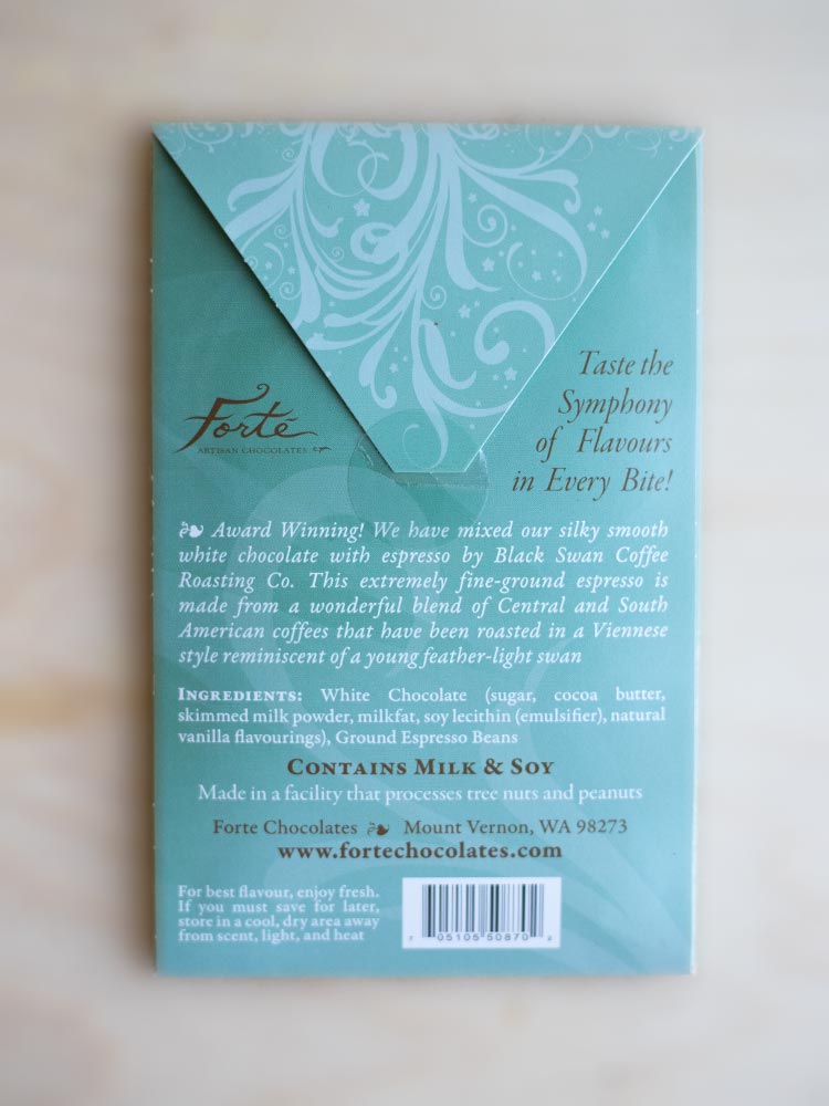 Back of white swan espresso bar packaging
