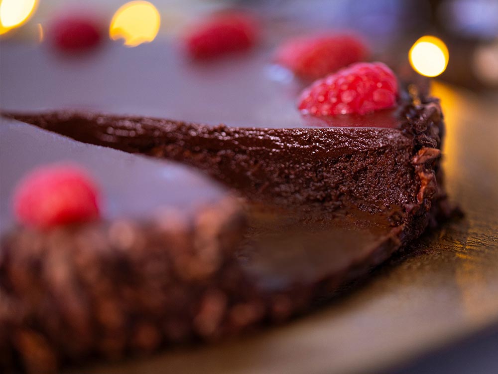 Closeup of Chef's favorite raspberry torte using Forte baking chocolate