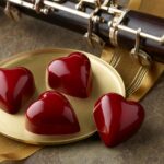 4 shinny red heart truffles on gold plate with oboe in background.