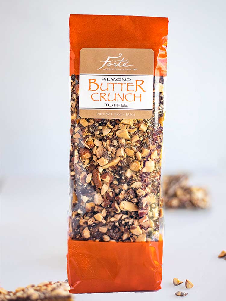 Bag of Buttercrunch almond toffee with orange bands at top and bottom