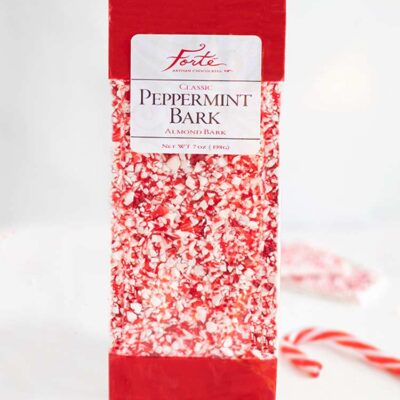 Bag of Classic peppermint bark with bright red edges and bright peppermint and white chocolate