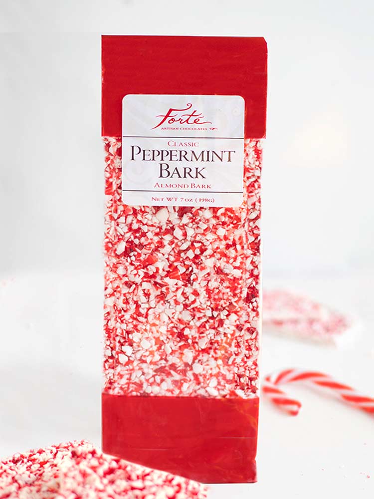 Bag of Classic peppermint bark with bright red edges and bright peppermint and white chocolate