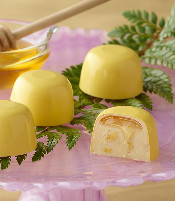 White chocolate layered Honey Lemon truffle with honey dripping down.